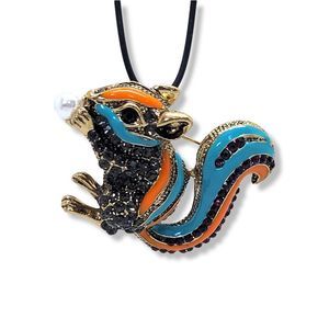 Goldtone Faux Pearl Round Multi-color Crystal and Enamel Blue Squirrel Brooch